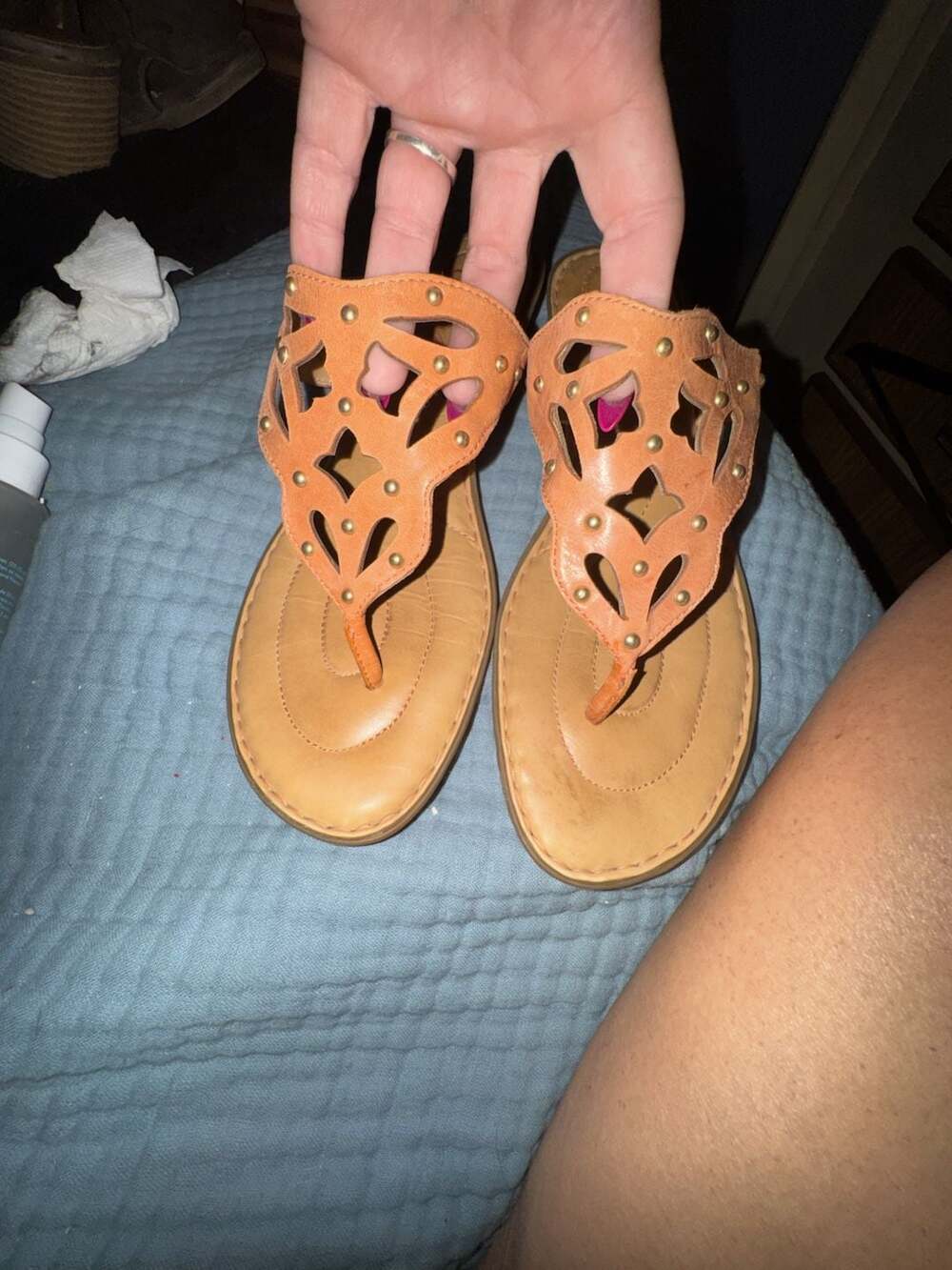 Crown by Born Brown Leather Cut Out Studded Thong Sandals Size 9